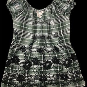 Studio M Green and Black Plaid Embroidered flowers with vines.